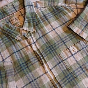 Weatherproof Vintage Men's Linen Button Down Shirt Green & White‎ Plaid Sz.  XL